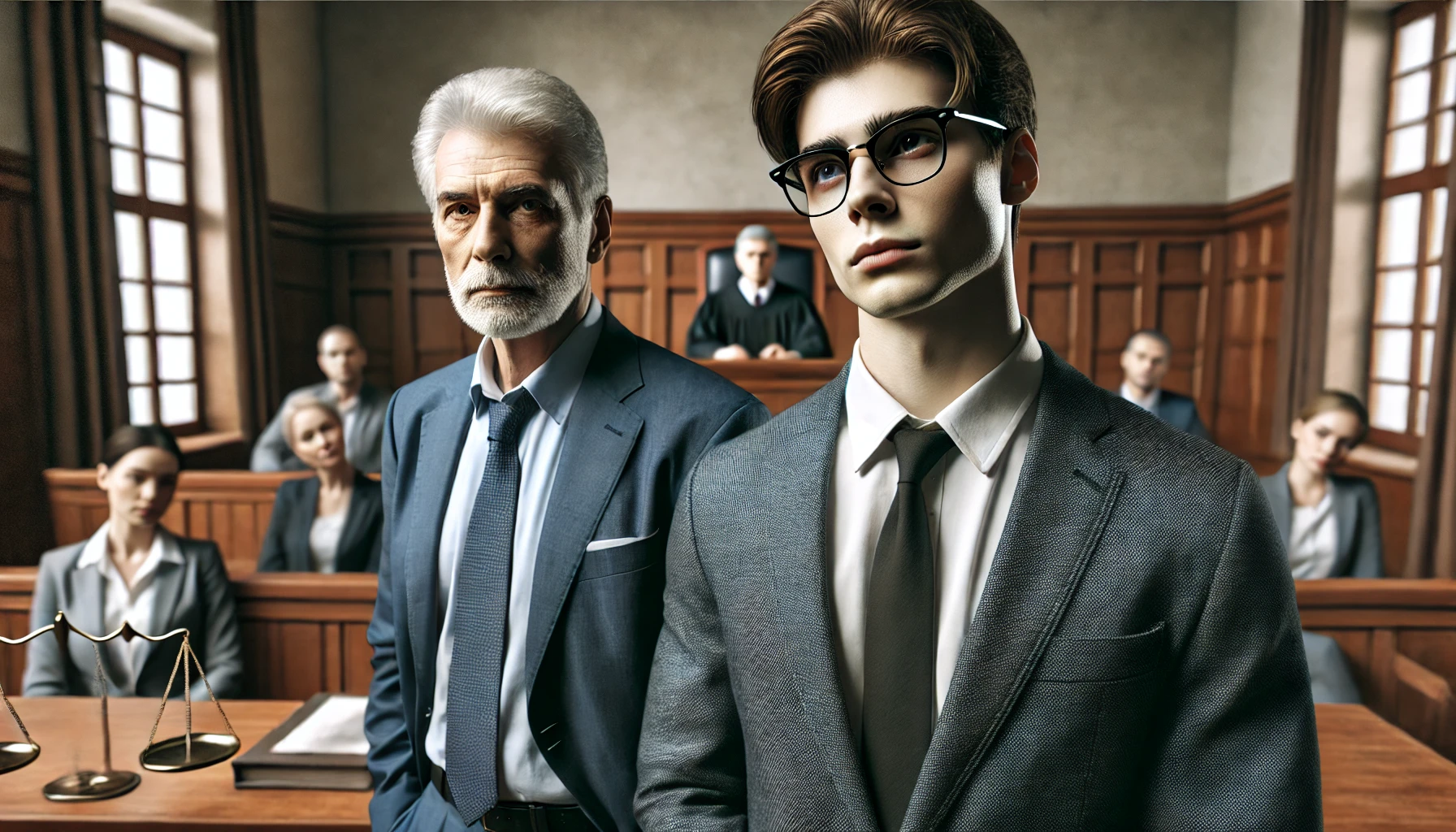 “Two men in suits stand in a courtroom; one older man looks confident, while a younger man appears nervous”