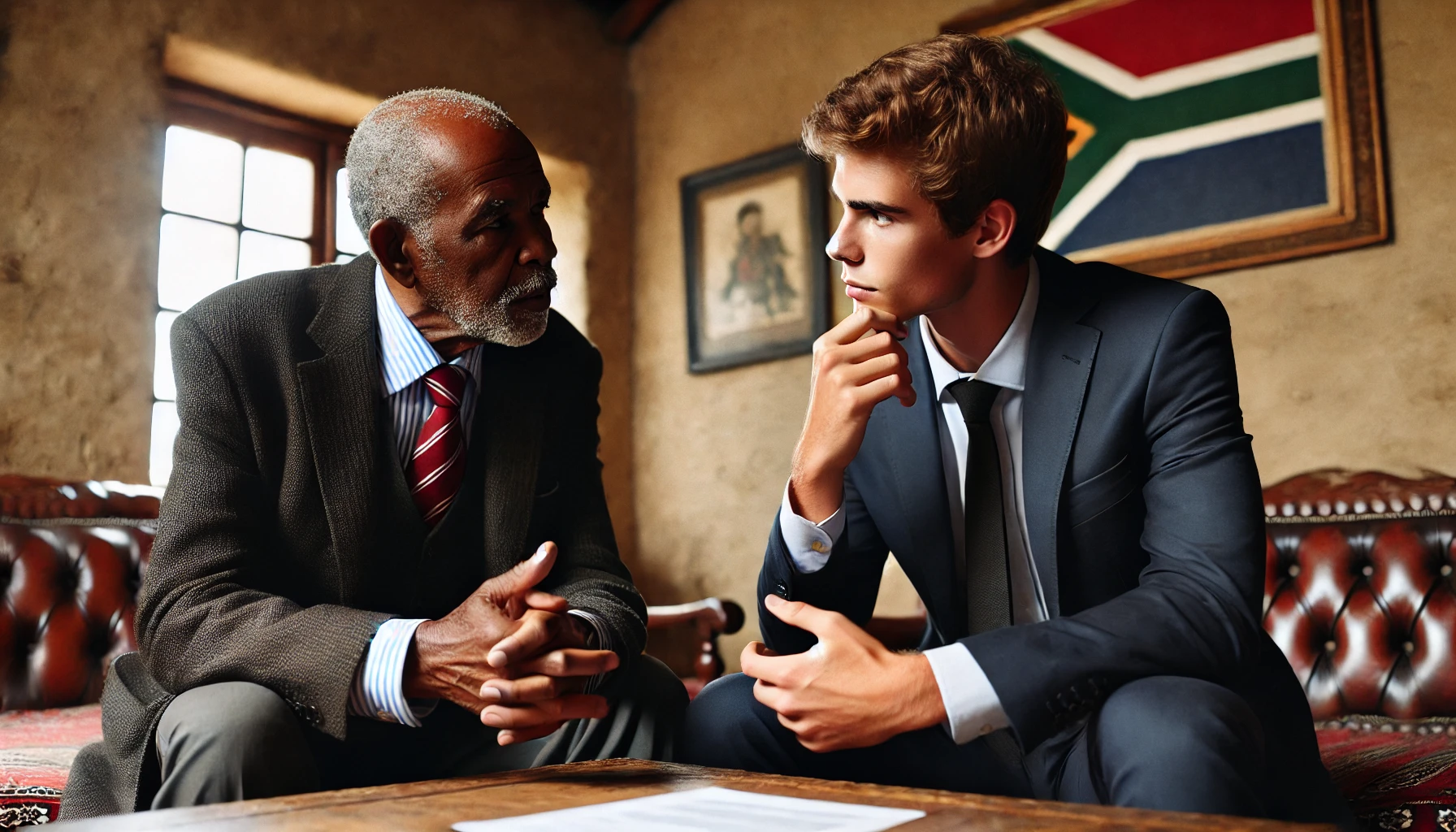 "Two South African business professionals in a serious discussion at a wooden table with subtle African decor."