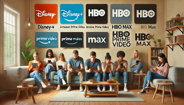 A group of people using different streaming platforms like Disney+ Amazon Prime Video and HBO Max in a casual living room