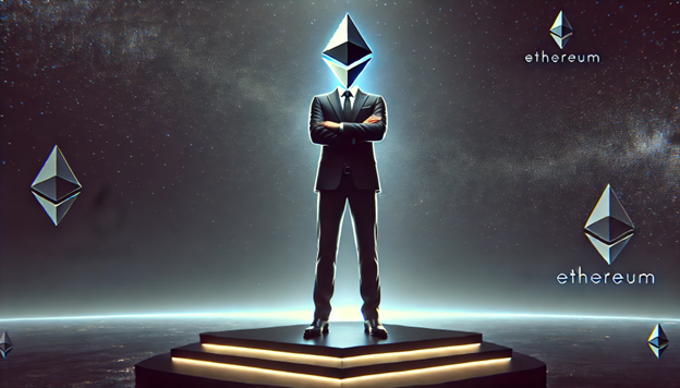 A man in a black suit with an Ethereum logo head stands confidently on a high platform