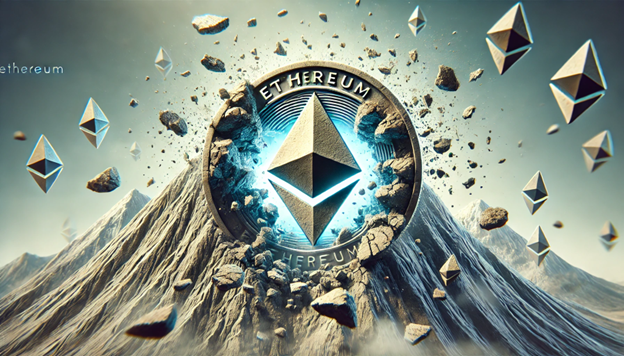 An Ethereum coin breaking through a massive mountain with debris flying symbolizing strength progress and growth in the market