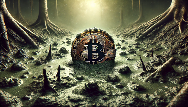 Bitcoin coin rising from a muddy swamp with tree roots in the background symbolizing resilience and strength