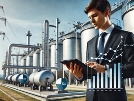 Businessman analyzing natural gas stock data on a tablet in front of a storage facility with tanks and pipelines