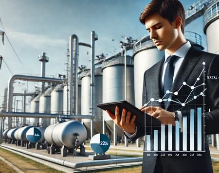 Businessman analyzing natural gas stock data on a tablet in front of a storage facility with tanks and pipelines