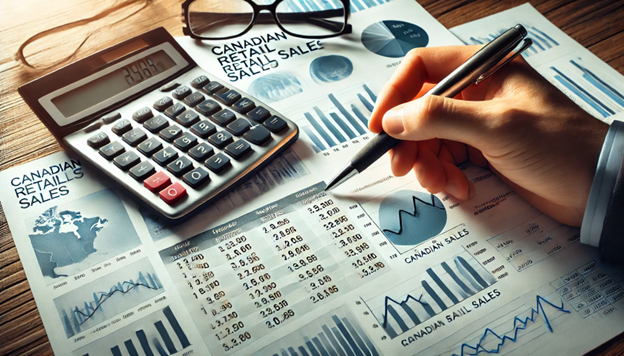 Close-up of financial documents and charts showing Canadian retail sales rebound analysis