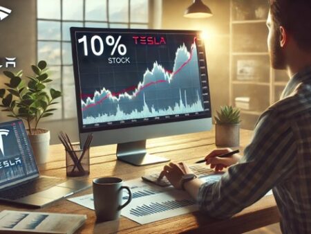 Financial analyst viewing a Tesla stock graph showing a 10 increase on a computer screen