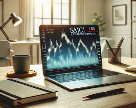 Financial chart on a computer screen showing a decline in Super Micro Computer SMCI stock set in a modern