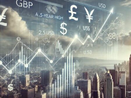 Financial chart showing GBPs 25-year high against USD with city skyline and currency symbols in the background