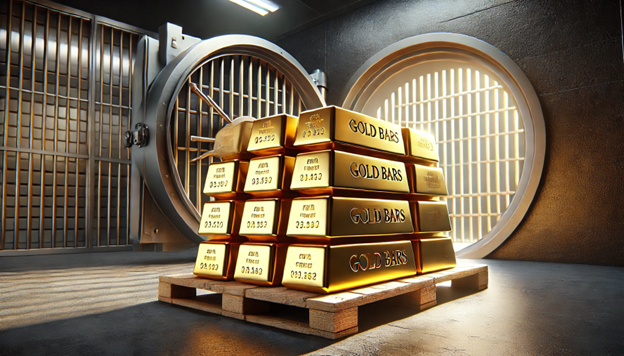 Gold bars stacked on a wooden pallet in a secure vault with a strong door in the background