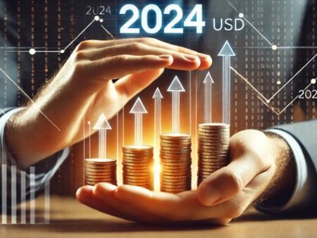 Hands protecting stacks of coins with digital arrows and 2024 above symbolizing financial growth and protection for USD