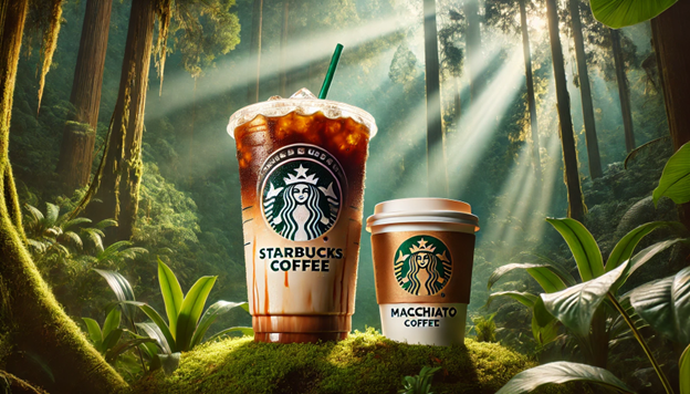 Large Starbucks cup with iced macchiato in a lush green forest with sunlight rays creating a refreshing and cinematic feel