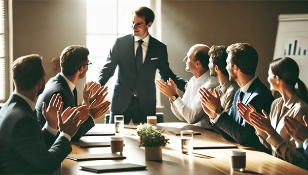 Laurent Freixe being congratulated by his team during a professional meeting symbolizing his new role as Nestles CEO