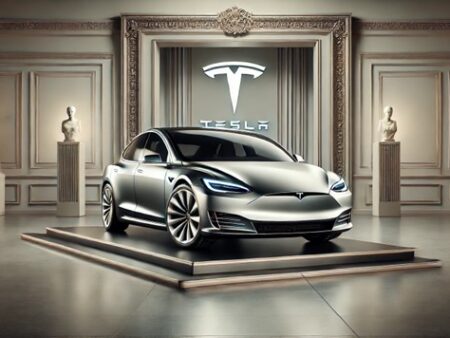 Luxurious Tesla car displayed in an elegant setting emphasizing sleek design and modern features