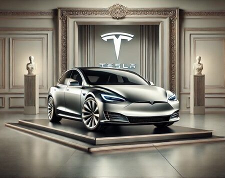 Luxurious Tesla car displayed in an elegant setting emphasizing sleek design and modern features