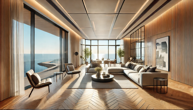 Luxurious living room at The Pier Residence with panoramic sea views and modern design elements