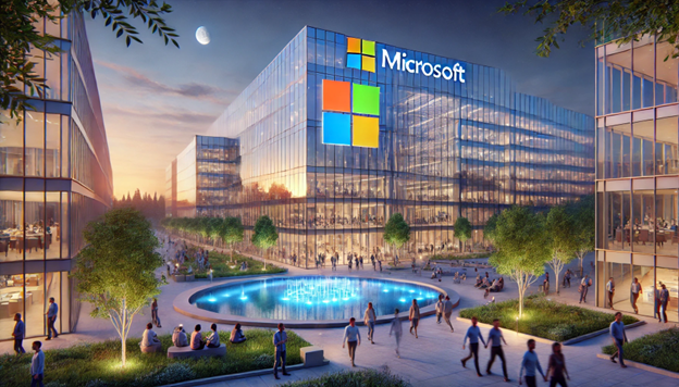 Modern Microsoft headquarters with logo sunset reflections and serene surroundings