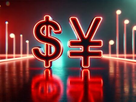 Neon red dollar and yen symbols on a reflective surface with glowing lights in the background