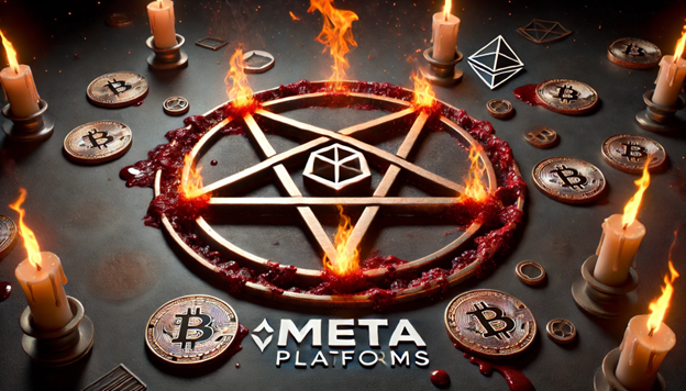 Pentagram with Meta logo in flames Bitcoin symbols with blood-like effect