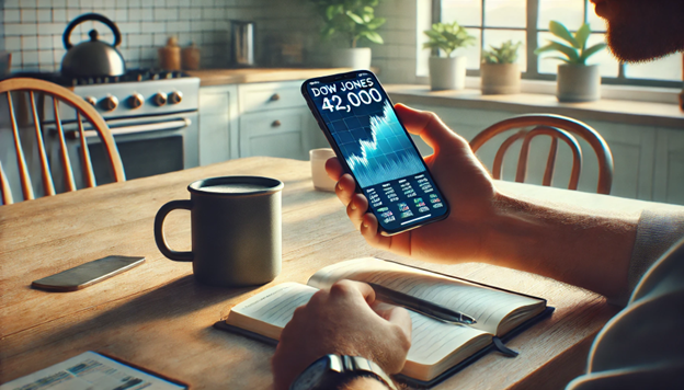 Person checking Dow Jones at 42000 on a smartphone while sitting at a kitchen table with a cup of coffee and a notebook