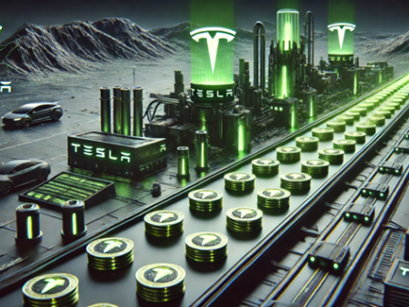 Tesla-themed coin factory with glowing neon green Tesla coins on a production line symbolizing innovation and growth