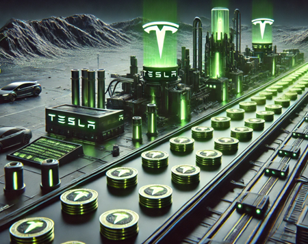 Tesla-themed coin factory with glowing neon green Tesla coins on a production line symbolizing innovation and growth