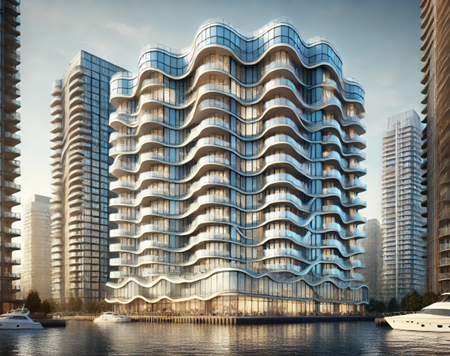 The Pier Residence exterior with wave-inspired facade and expansive windows in Dubai Maritime City