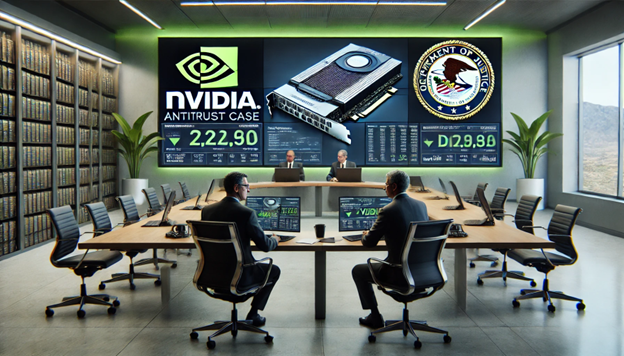 Two government agents discussing Nvidias antitrust case in a conference room with Nvidia and DOJ logos on screens