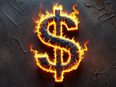 US dollar symbol made of realistic fiery flames against a dark textured background