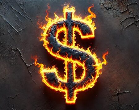 US dollar symbol made of realistic fiery flames against a dark textured background