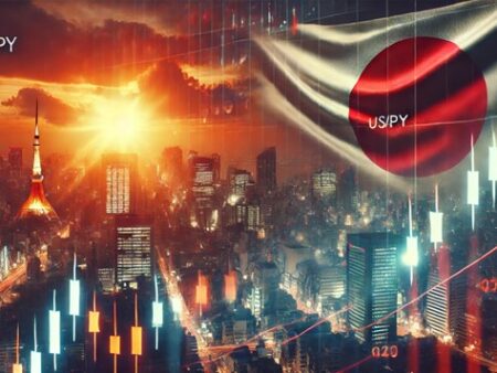 USD JPY forex market with Japanese flag and sunset over a financial district symbolizing market dynamics