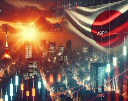 USD JPY forex market with Japanese flag and sunset over a financial district symbolizing market dynamics