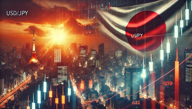 USD JPY forex market with Japanese flag and sunset over a financial district symbolizing market dynamics