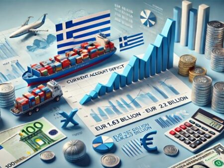 Visual of Greeces economic data with charts coins and symbols showing deficit rise