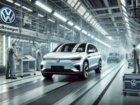 Volkswagen electric vehicle on an assembly line in a modern factory with workers engaged in production tasks