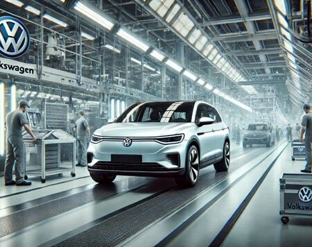 Volkswagen electric vehicle on an assembly line in a modern factory with workers engaged in production tasks