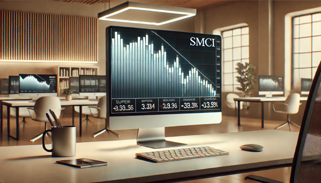 chart on a computer screen showing a decline in Super Micro Computer SMCI stock set in a modern minimalistic office