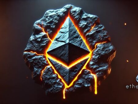 detailed 3D image of a glowing slightly italic Ethereum symbol carved into a dark rocky surface with cool lava dripping