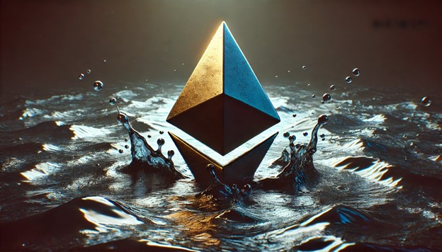detailed 3D image of an Ethereum symbol partially submerged in dark turbulent water symbolizing the fall in ETH stock - Brokerwaves